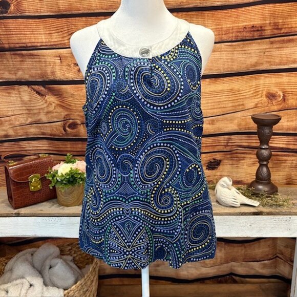 Tommy Hilfiger Womens Sleeveless Deep Blue Multicolor Geometric Halter Top Size - Picture 1 of 12